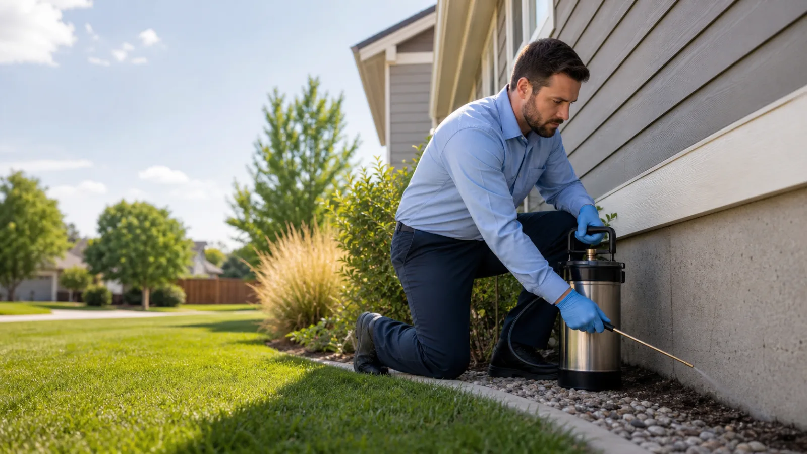 Licensed Boise pest control technician treating a home foundation