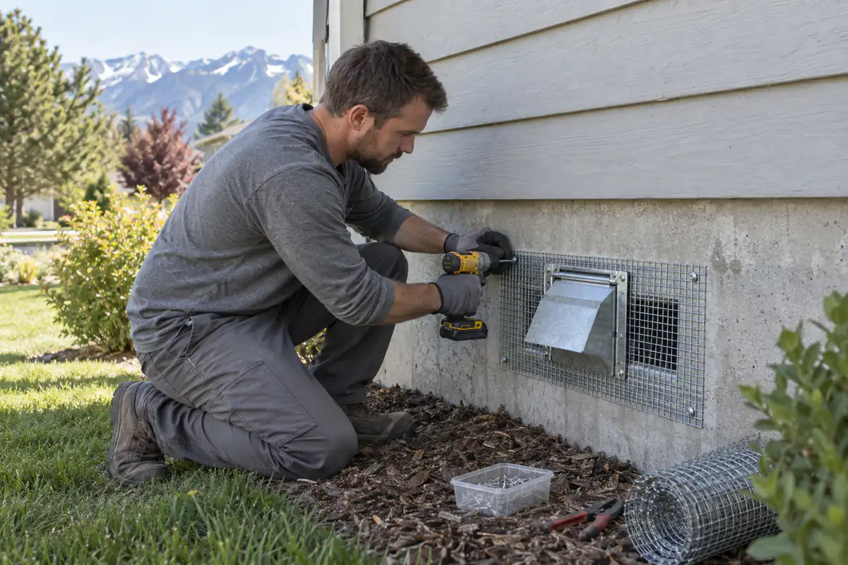 Hardware cloth being screwed over a crawl-space vent on an Idaho home, the kind of metal seal that keeps mice out before fall