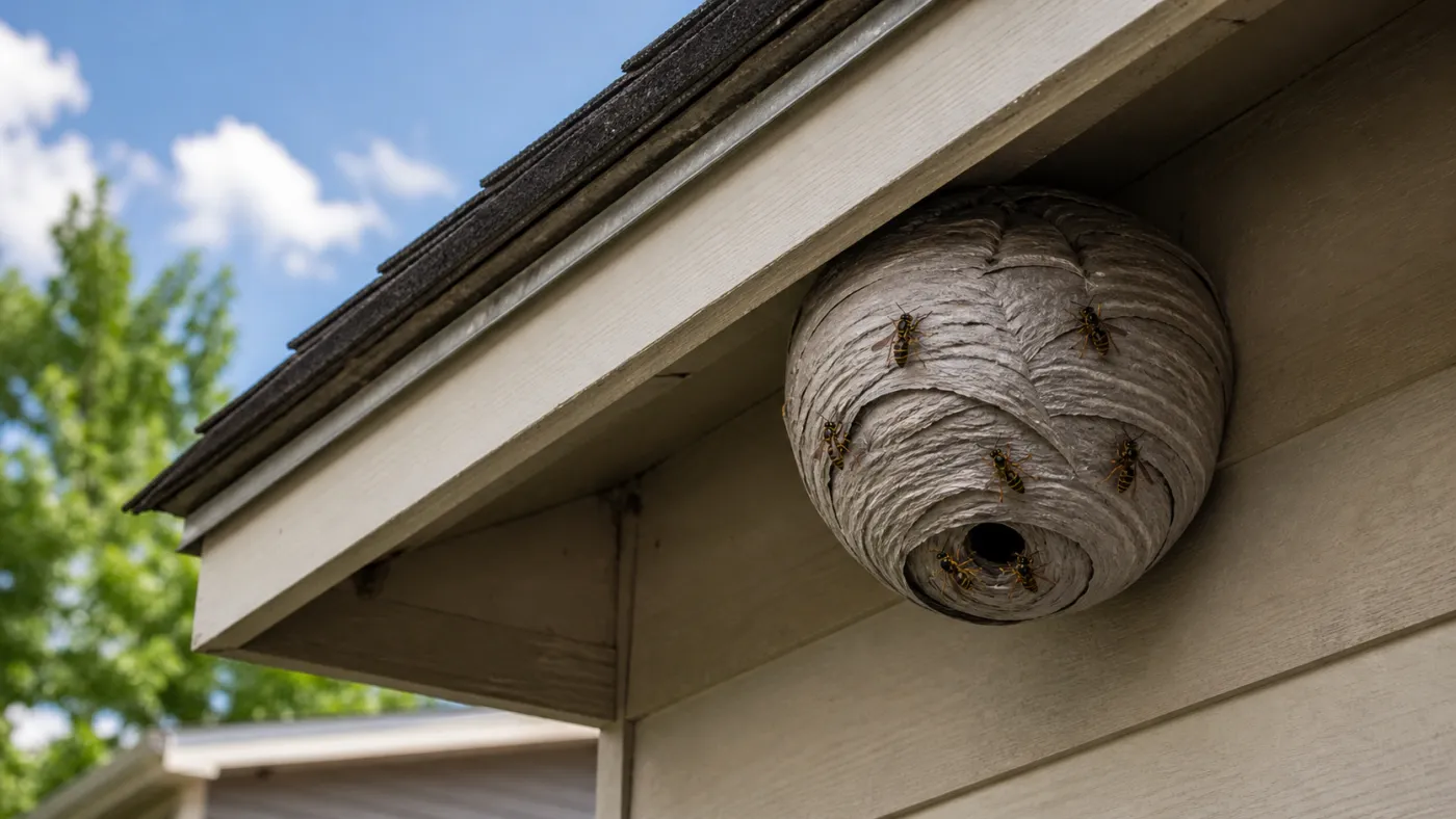 Paper wasps on a nest under the eave of a Boise home, the kind of late-summer colony a licensed pro removes